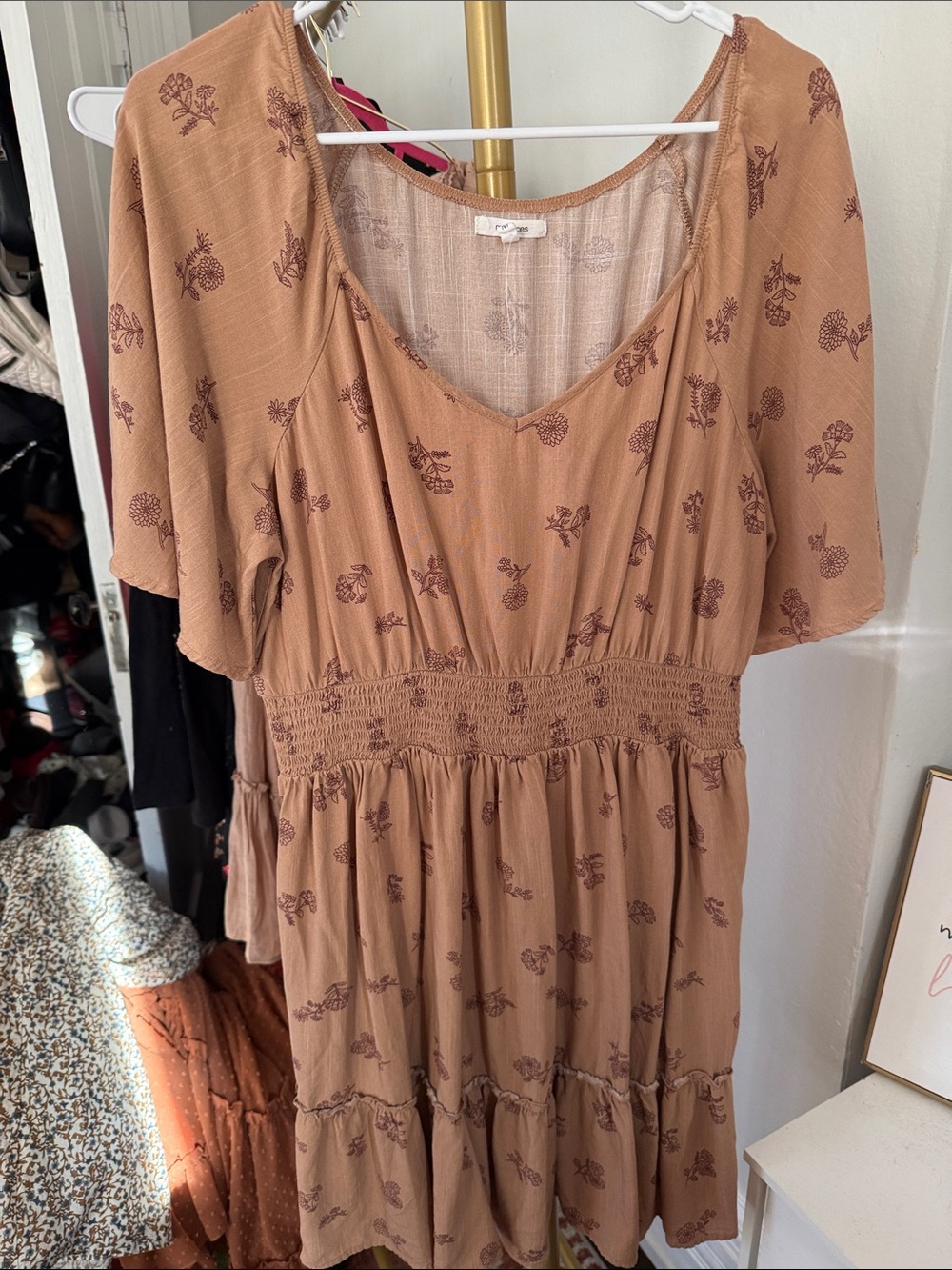 Maurices Taupe Floral Smocked-Waist Dress